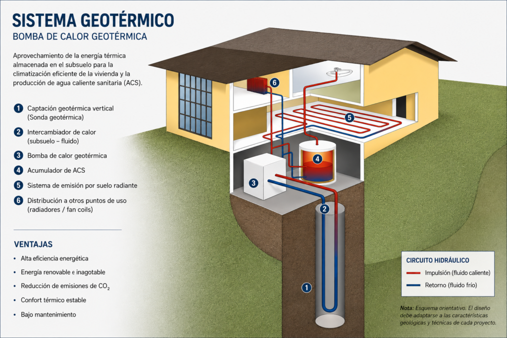 Instalación interior de bomba de calor geotérmica en vivienda eficiente.